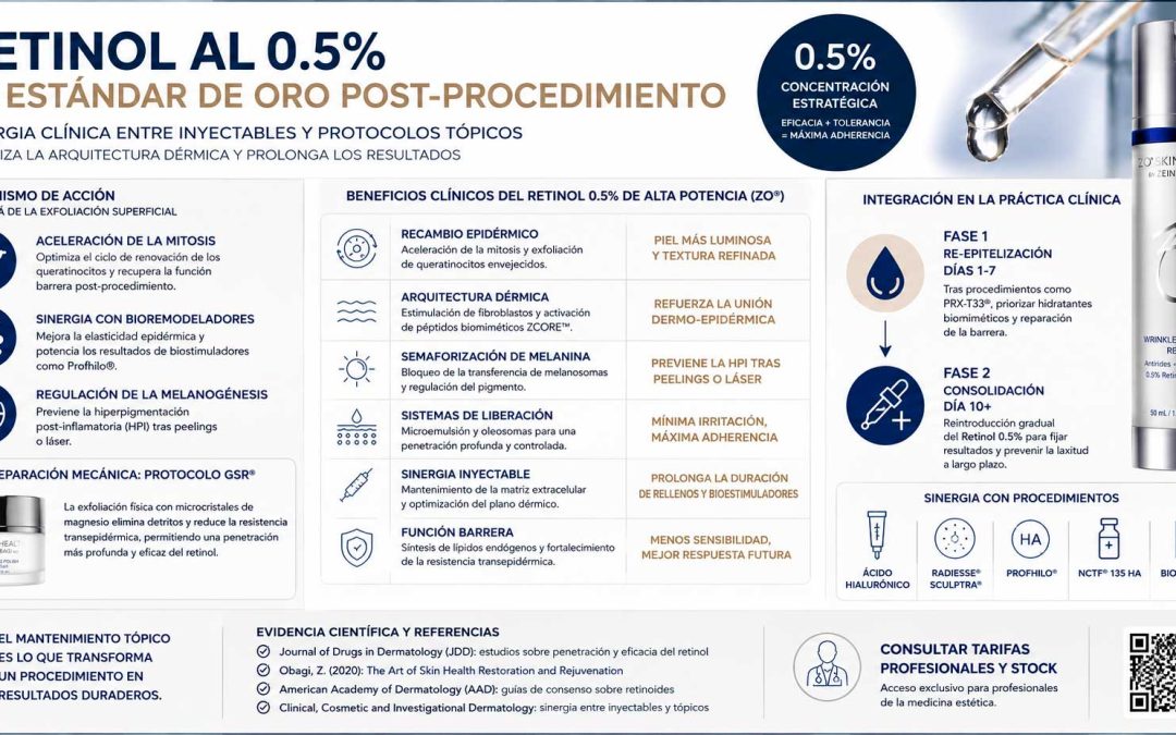 Infografía técnica sobre el uso de Retinol al 0.5% de ZO Skin Health como estándar de oro post-procedimiento en medicina estética, detallando beneficios clínicos y sinergia con inyectables.