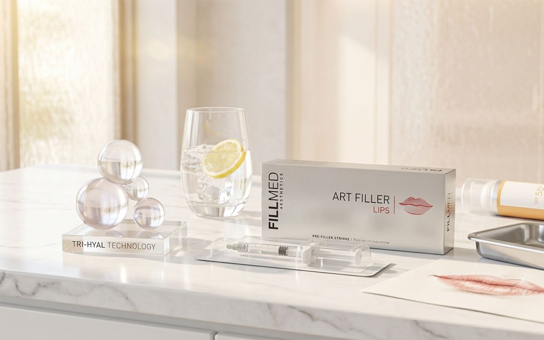 Caja de Fillmed Art Filler Lips con jeringa precargada sobre encimera médica, acompañada de un emblema de la tecnología Tri-Hyal y protección solar SPF 50+.