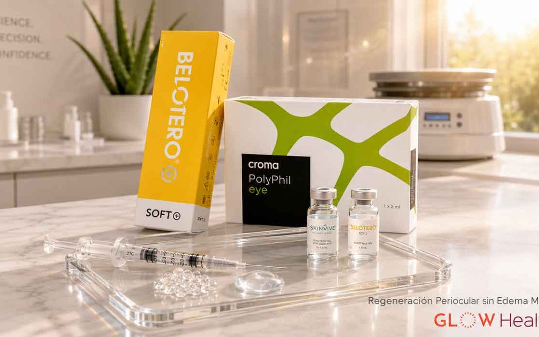 Cajas de Croma PolyPhil Eye y Belotero Soft en una clínica médica para el protocolo periocular orientado a evitar el edema malar en ojeras.