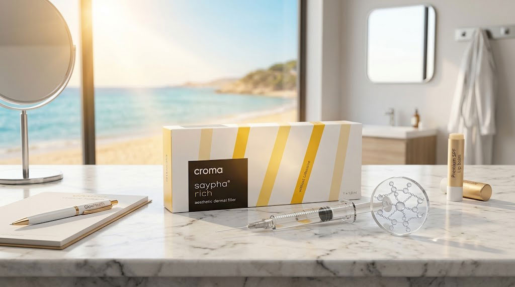 Caja de Croma Saypha Rich con una jeringa de ácido hialurónico y un modelo molecular de glicerol sobre una mesa de consulta médica con vistas a una playa soleada.