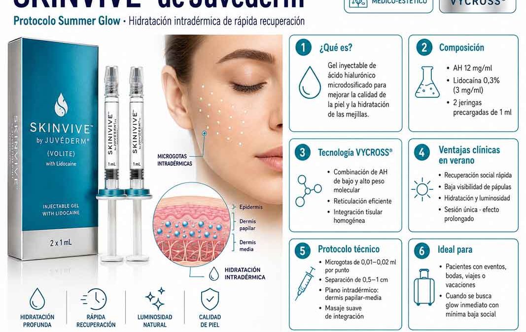 Infografía técnica de SKINVIVE de Juvéderm con el protocolo Summer Glow para una mesoterapia facial sin pápulas y de rápida recuperación en verano.