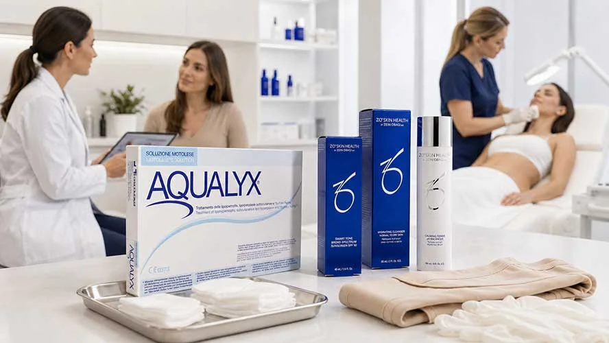 Caja de Aqualyx para tratamientos de intralipoterapia corporal junto a envases de ZO Skin Health Smart Tone SPF 50, Hydrating Cleanser y Calming Toner sobre un mostrador médico con una faja compresiva elástica y guantes estériles.